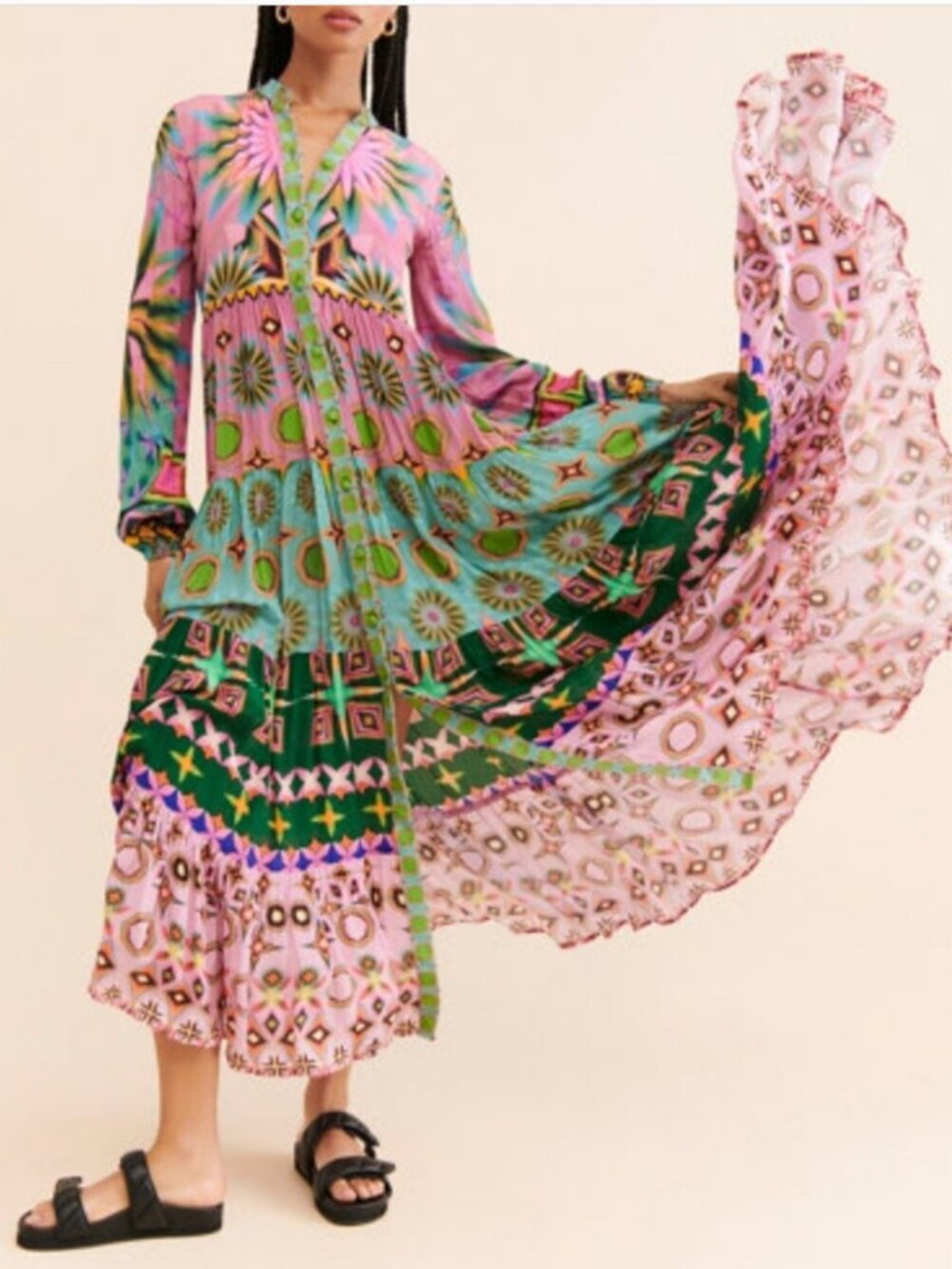 Anthropologie Siddhartha Bansal Mixed Print Maxi Silk Shirt Dress size SP